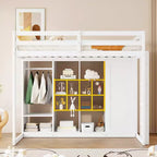 Letto a soppalco per bambini con armadio e mensole, Struttura in legno per letto a soppalco con mobiletto contenitore per bambini e ragazzi