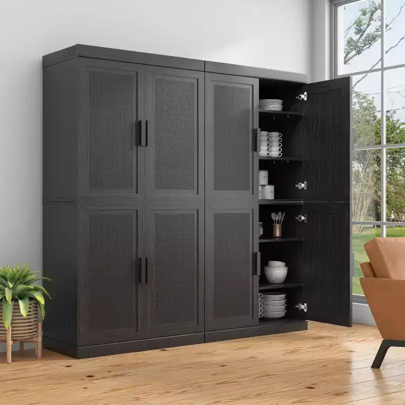 Armadio decorativo con 12 ripiani da 157 cm in vimini nero ad alta venatura del legno