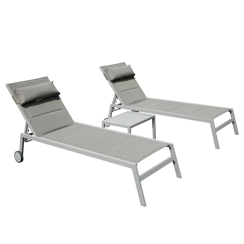 Outdoor Patio Chaise Lounge Set of 3,Aluminum Pool Lounge Chairs with Side Table and Wheels,Textilene Padded Adjustable Recliner