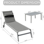 Set di 3 sedie a sdraio da esterno, lettini da piscina in alluminio con tavolino e ruote, reclinabili regolabili con imbottitura in textilene