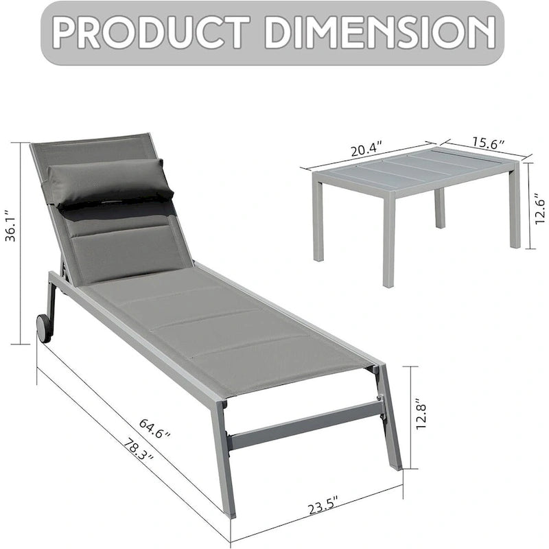 Set di 3 sedie a sdraio da esterno, lettini da piscina in alluminio con tavolino e ruote, reclinabili regolabili con imbottitura in textilene