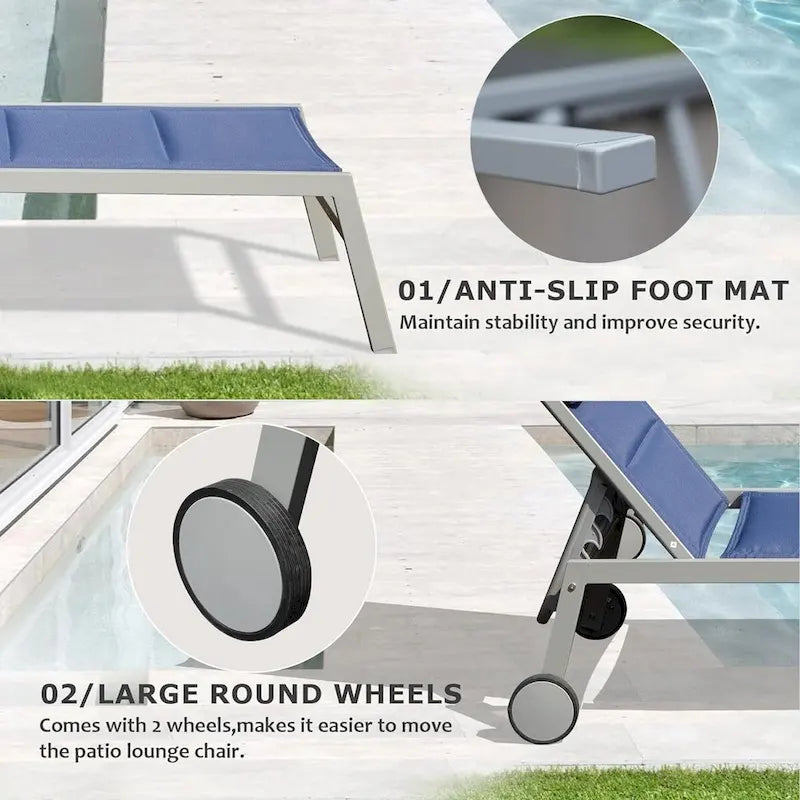 Set di 3 sedie a sdraio da esterno, lettini da piscina in alluminio con tavolino e ruote, reclinabili regolabili con imbottitura in textilene