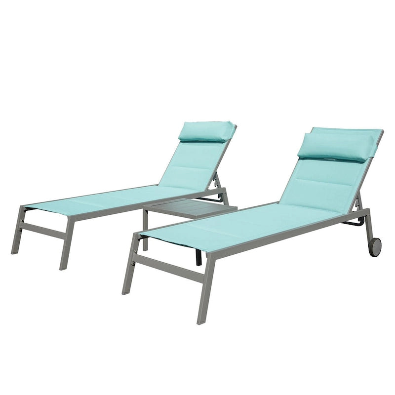 Set di 3 sedie a sdraio da esterno, lettini da piscina in alluminio con tavolino e ruote, reclinabili regolabili con imbottitura in textilene