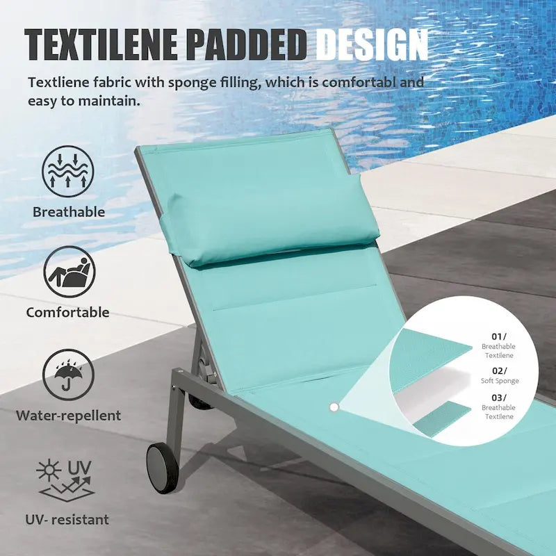 Set di 3 sedie a sdraio da esterno, lettini da piscina in alluminio con tavolino e ruote, reclinabili regolabili con imbottitura in textilene