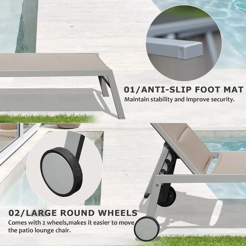 Set di 3 sedie a sdraio da esterno, lettini da piscina in alluminio con tavolino e ruote, reclinabili regolabili con imbottitura in textilene