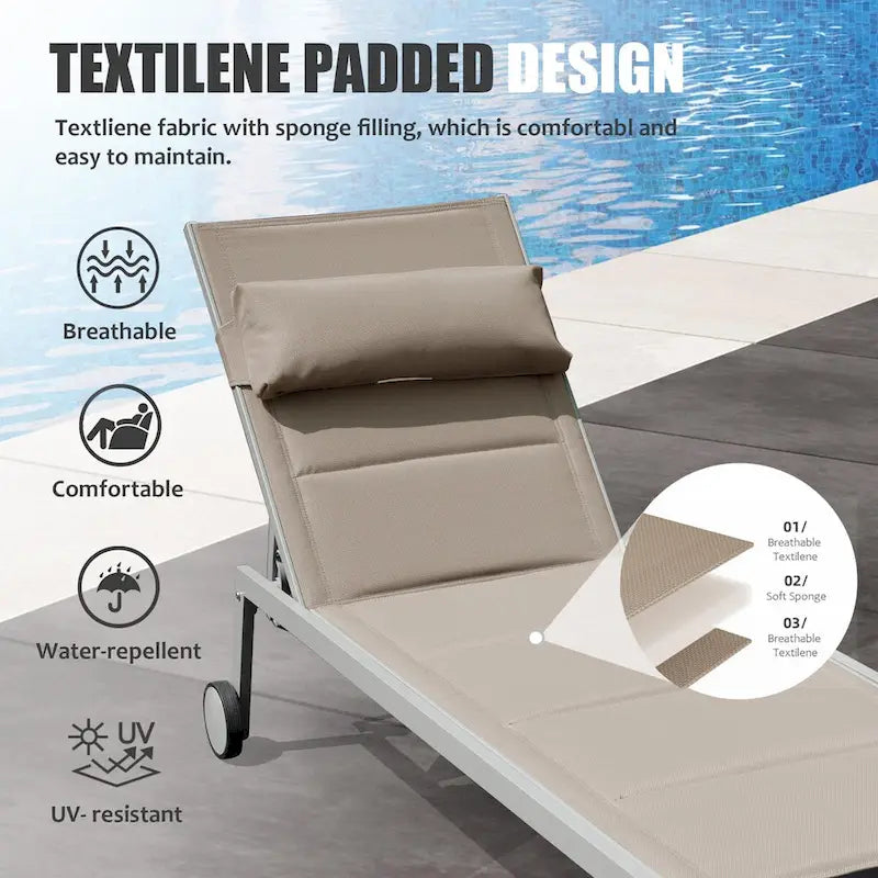Set di 3 sedie a sdraio da esterno, lettini da piscina in alluminio con tavolino e ruote, reclinabili regolabili con imbottitura in textilene