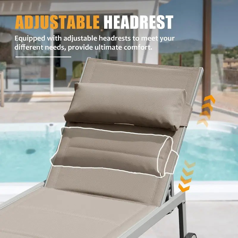 Set di 3 sedie a sdraio da esterno, lettini da piscina in alluminio con tavolino e ruote, reclinabili regolabili con imbottitura in textilene
