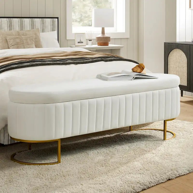 Banc de rangement rembourré Sara Mid-Century Modern avec grille interne et pieds en métal par HULALA HOME