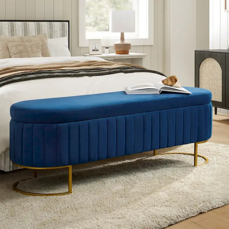 Banc de rangement rembourré Sara Mid-Century Modern avec grille interne et pieds en métal par HULALA HOME