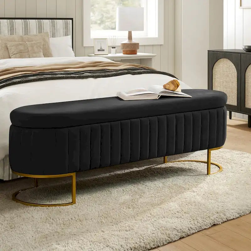 Panca portaoggetti imbottita moderna Sara Mid-Century con griglia interna e gambe in metallo di HULALA HOME