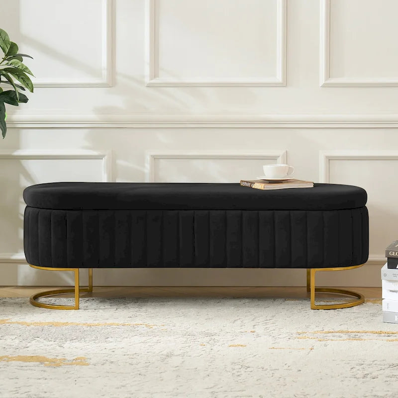 Panca portaoggetti imbottita moderna Sara Mid-Century con griglia interna e gambe in metallo di HULALA HOME