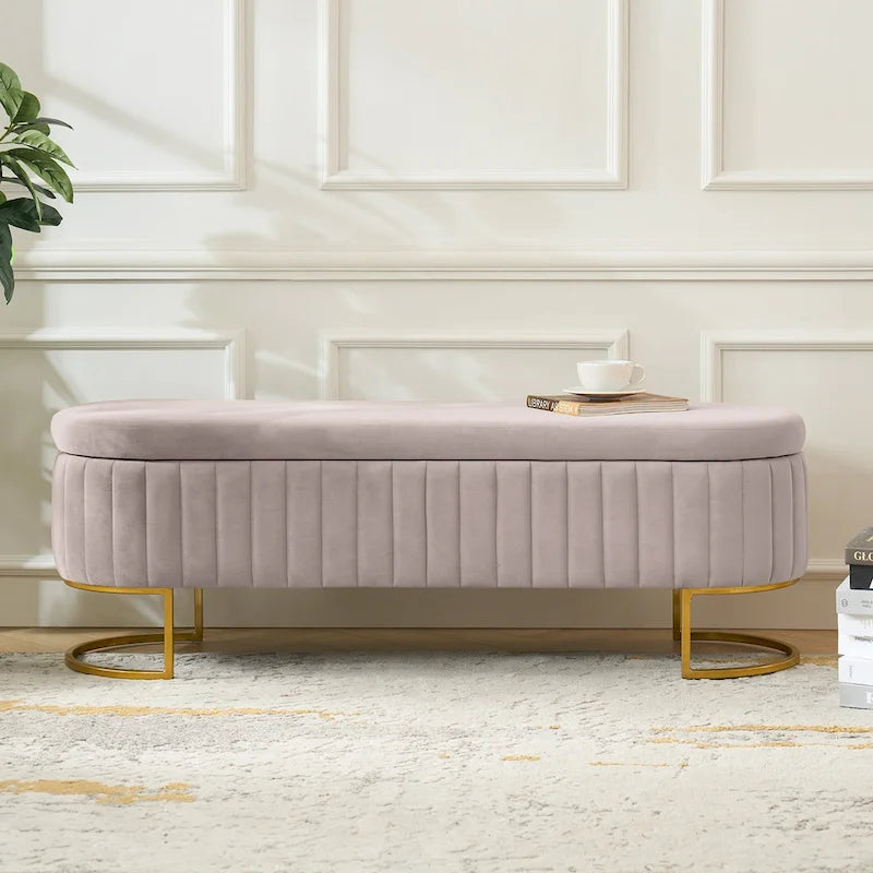 Panca portaoggetti imbottita moderna Sara Mid-Century con griglia interna e gambe in metallo di HULALA HOME