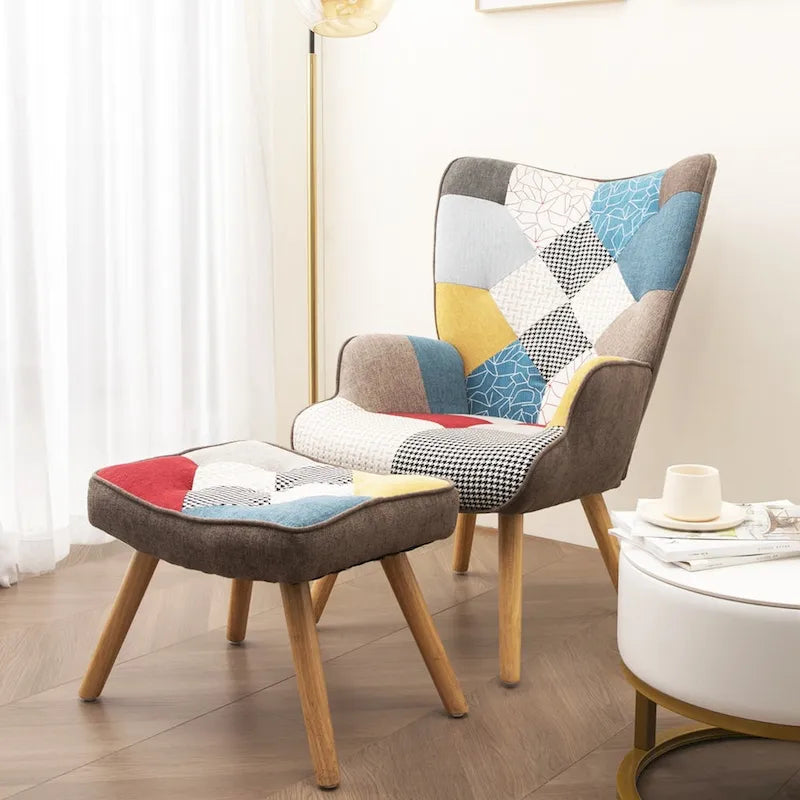 Poltrona con Pouf, Set Sedia e Ottomana per Soggiorno, Comoda Poltroncina Laterale per Camera da Letto, Superficie in Tessuto con Giunture Creative