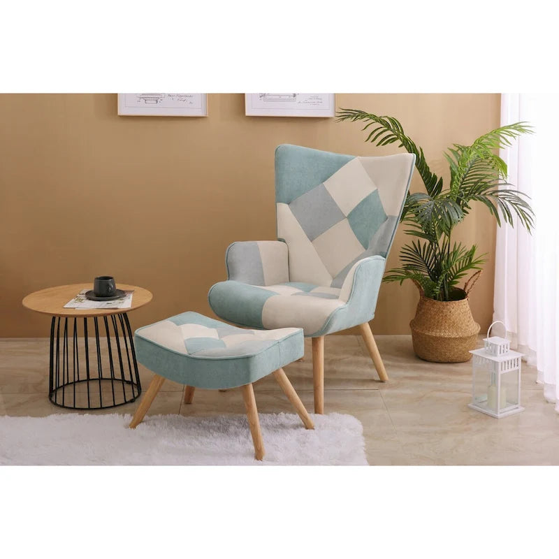Poltrona con Pouf, Set Sedia e Ottomana per Soggiorno, Comoda Poltroncina Laterale per Camera da Letto, Superficie in Tessuto con Giunture Creative