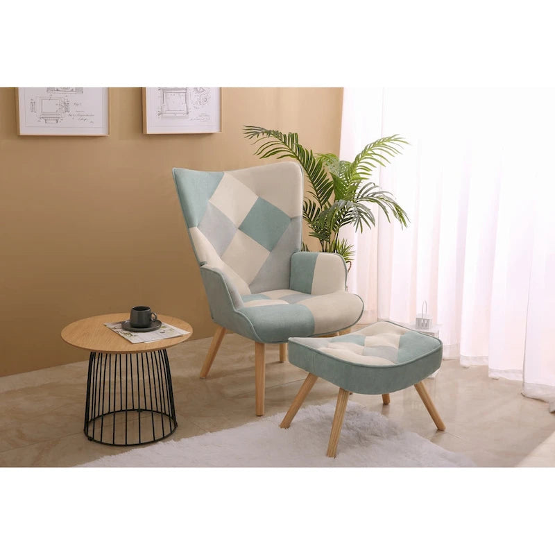 Poltrona con Pouf, Set Sedia e Ottomana per Soggiorno, Comoda Poltroncina Laterale per Camera da Letto, Superficie in Tessuto con Giunture Creative