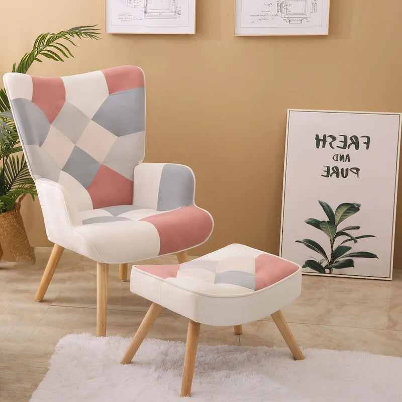 Poltrona con Pouf, Set Sedia e Ottomana per Soggiorno, Comoda Poltroncina Laterale per Camera da Letto, Superficie in Tessuto con Giunture Creative