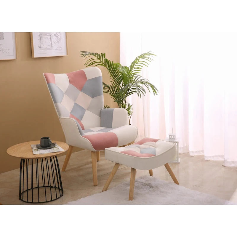 Poltrona con Pouf, Set Sedia e Ottomana per Soggiorno, Comoda Poltroncina Laterale per Camera da Letto, Superficie in Tessuto con Giunture Creative