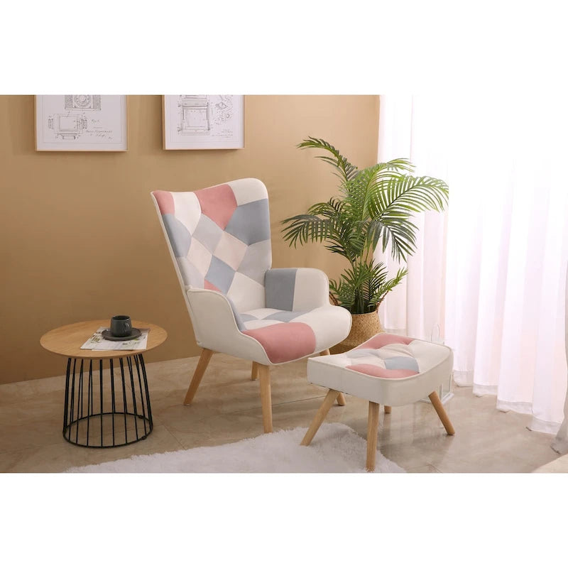 Poltrona con Pouf, Set Sedia e Ottomana per Soggiorno, Comoda Poltroncina Laterale per Camera da Letto, Superficie in Tessuto con Giunture Creative