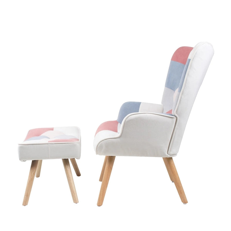 Poltrona con Pouf, Set Sedia e Ottomana per Soggiorno, Comoda Poltroncina Laterale per Camera da Letto, Superficie in Tessuto con Giunture Creative