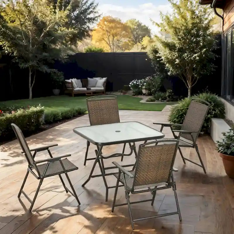 5 Piece Wicker Patio Dining Set w/ Umbrella Hole,Tempered Glass Table