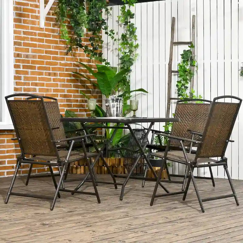 Set da pranzo da esterni in vimini 5 pezzi con foro per ombrellone, tavolo in vetro temperato