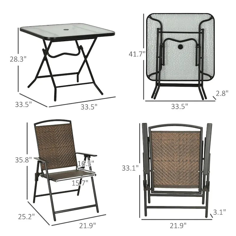 Set da pranzo da esterni in vimini 5 pezzi con foro per ombrellone, tavolo in vetro temperato