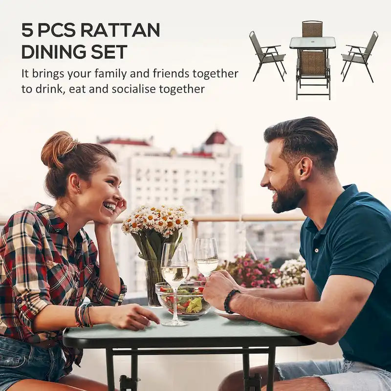Set da pranzo da esterni in vimini 5 pezzi con foro per ombrellone, tavolo in vetro temperato