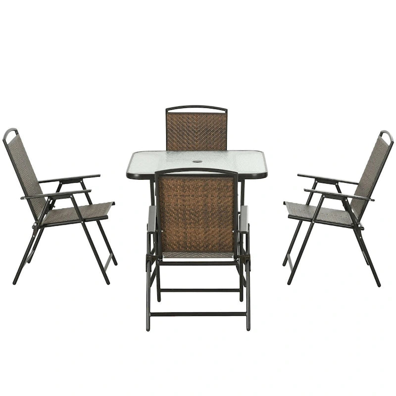 Set da pranzo da esterni in vimini 5 pezzi con foro per ombrellone, tavolo in vetro temperato