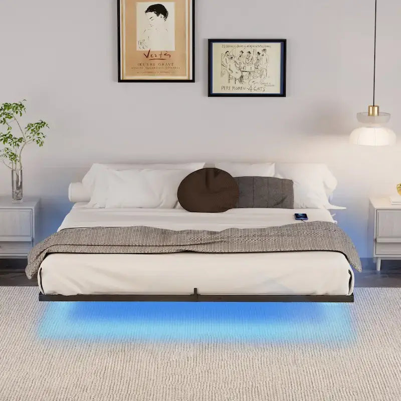 Struttura Letto King Size Sospesa con Luci LED e Stazione di Ricarica - Piattaforma in Metallo