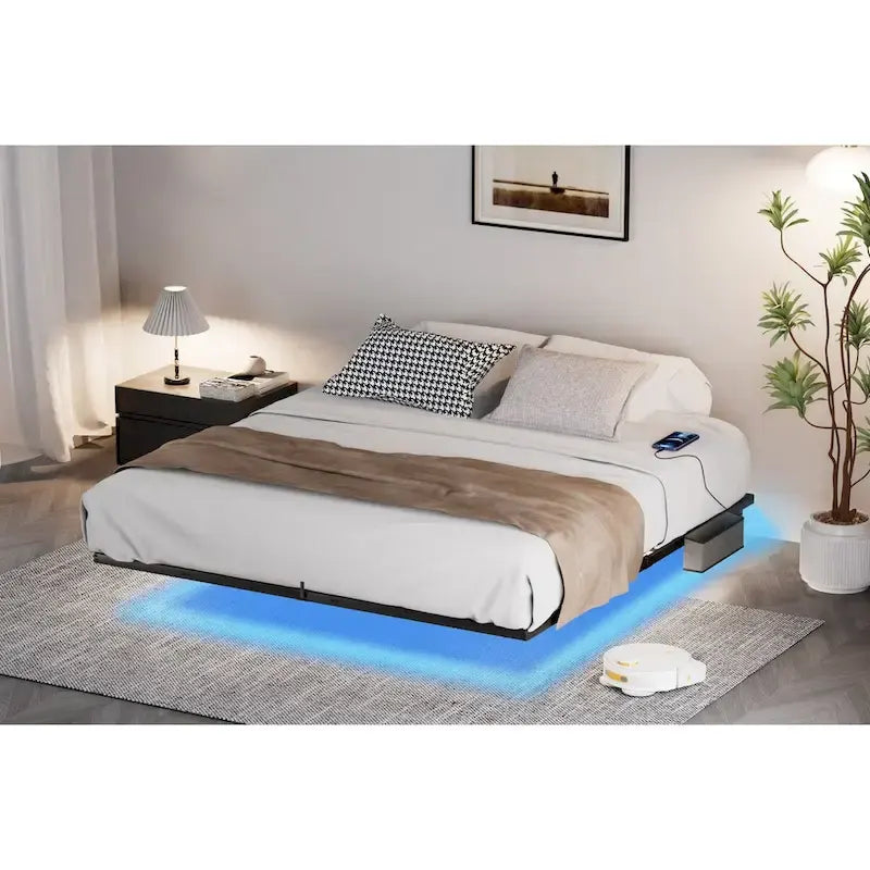 Struttura Letto King Size Sospesa con Luci LED e Stazione di Ricarica - Piattaforma in Metallo