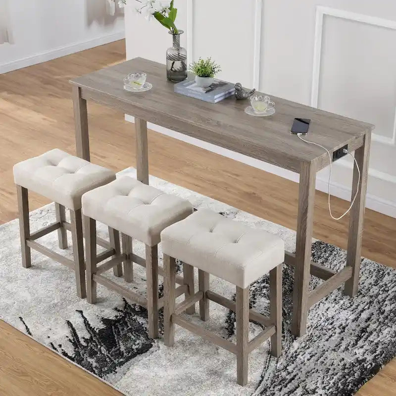 Set da 8 Pezzi Tavolo da Bar con Sgabelli e Prese Elettriche Integrate