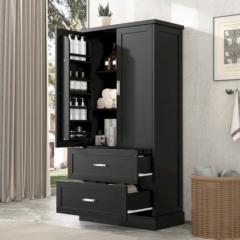 Armadietto alto da bagno, Armadietto con due ante e cassetti, Ripiano regolabile, Pannello in MDF
