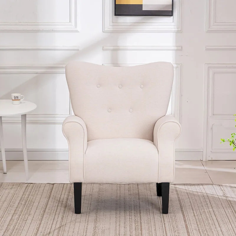 Sedia EROMMY Wingback Accent, sedia imbottita in tessuto con schienale alto e gambe in legno, bianco sporco