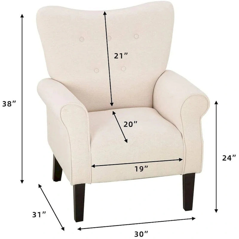 Sedia EROMMY Wingback Accent, sedia imbottita in tessuto con schienale alto e gambe in legno, bianco sporco