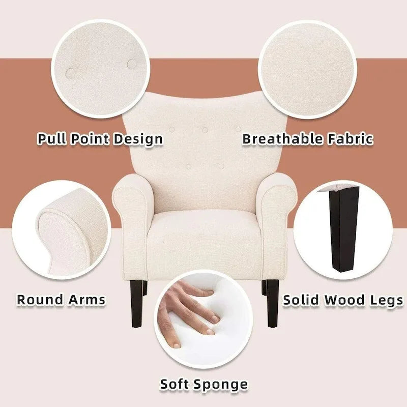 Sedia EROMMY Wingback Accent, sedia imbottita in tessuto con schienale alto e gambe in legno, bianco sporco