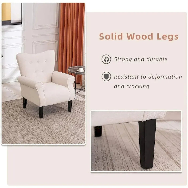 Sedia EROMMY Wingback Accent, sedia imbottita in tessuto con schienale alto e gambe in legno, bianco sporco