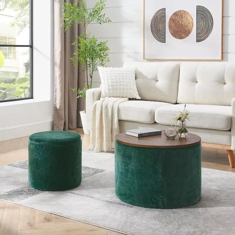 Ensemble de 2 poufs de rangement ronds en chenille, équipés d'un petit tabouret en forme de tambour, d'un espace de rangement et d'un panneau de table en MDF.