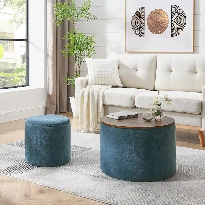Ensemble de 2 poufs de rangement ronds en chenille, équipés d'un petit tabouret en forme de tambour, d'un espace de rangement et d'un panneau de table en MDF.