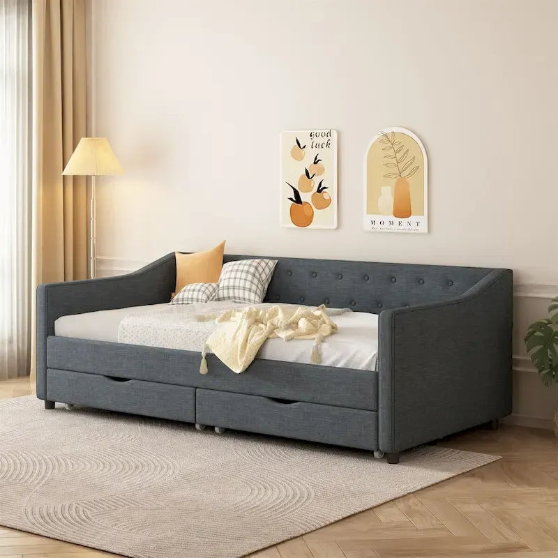 Divano letto singolo con cassetti imbottito con bottoni trapuntati