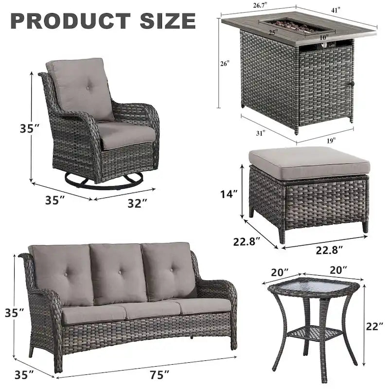 Divano da Esterno con Poltrona Girevole, Pouf e Tavolo con Focolare - Grigio