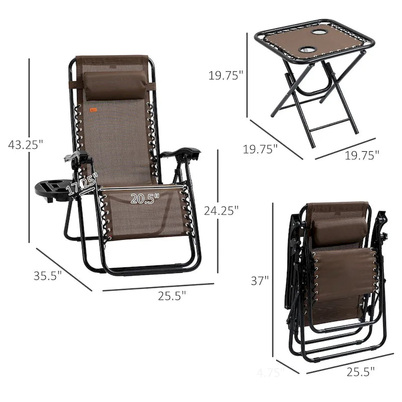 Set da 3 Pezzi con Tavolo, Sedie Pieghevoli Reclinabili e Portabicchieri