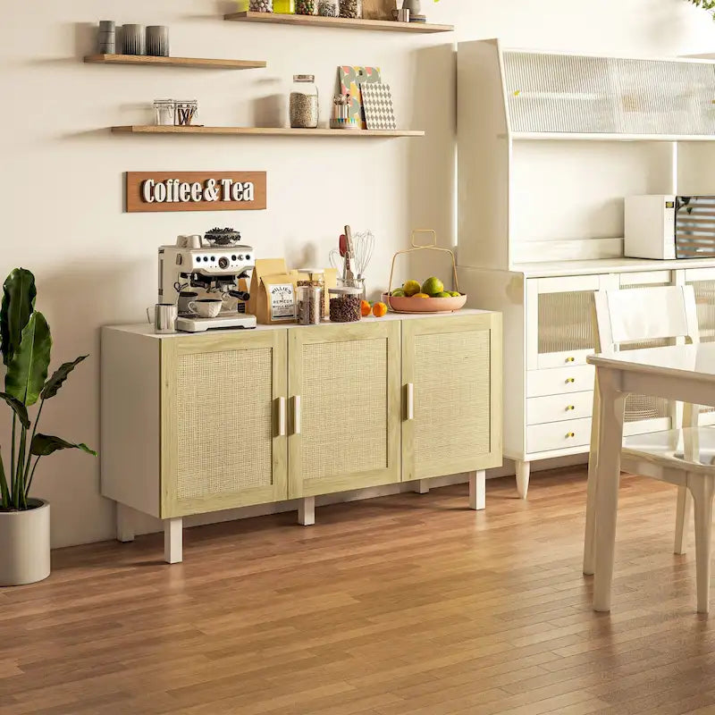 HOMCOM Credenza Buffet, Mobile da Cucina, Mobile Bar per Caffè con 3 Ante in Rattan e Ripiani Regolabili