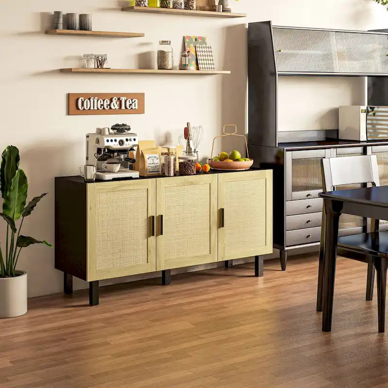 HOMCOM Bahut de buffet, Meuble de cuisine, Meuble de bar à café avec 3 portes en rotin et étagères réglables