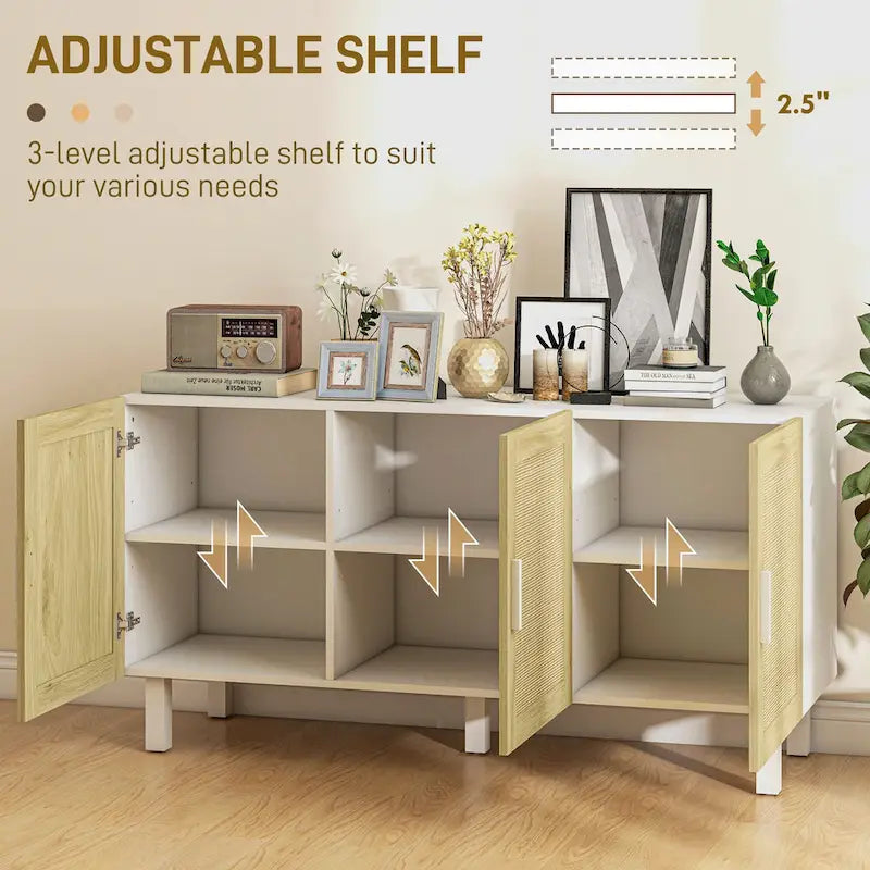HOMCOM Credenza Buffet, Mobile da Cucina, Mobile Bar per Caffè con 3 Ante in Rattan e Ripiani Regolabili