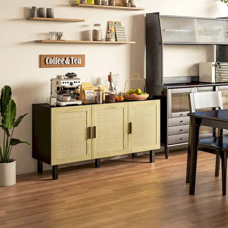 HOMCOM Credenza Buffet, Mobile da Cucina, Mobile Bar per Caffè con 3 Ante in Rattan e Ripiani Regolabili