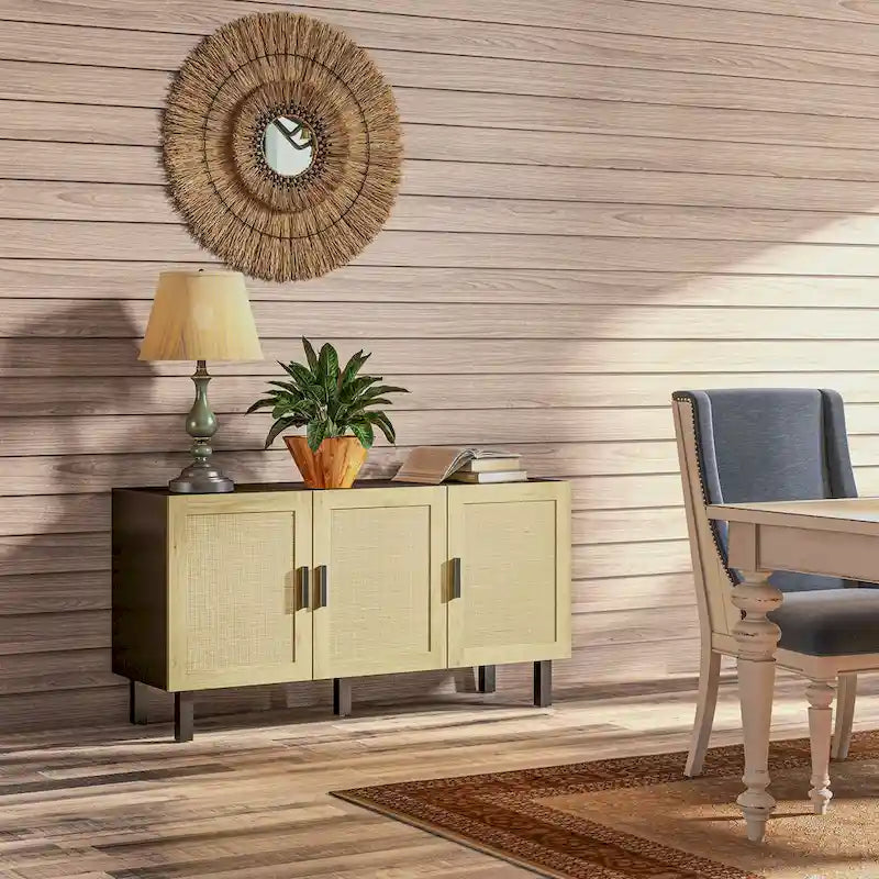 HOMCOM Credenza Buffet, Mobile da Cucina, Mobile Bar per Caffè con 3 Ante in Rattan e Ripiani Regolabili