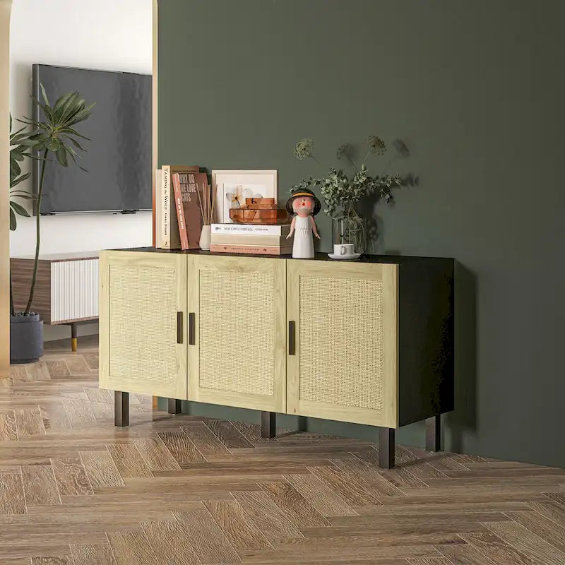 HOMCOM Credenza Buffet, Mobile da Cucina, Mobile Bar per Caffè con 3 Ante in Rattan e Ripiani Regolabili