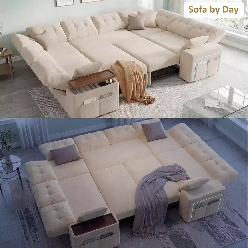 Divano letto componibile modulare Dyonery 112 con letto estraibile, divano componibile a U con contenitore, divani con seduta extra ampia e profonda per soggiorno