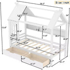 Letto a piattaforma a forma di casa con cassetti contenitori e finestra, struttura in legno massello con mensole, design giocoso per bambini, bianco chiaro
