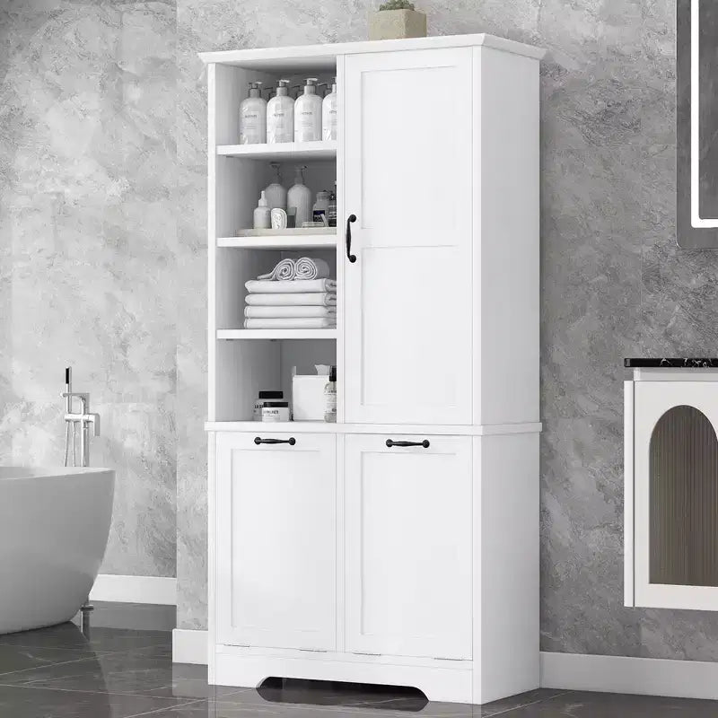 Mobiletto da bagno con ante e cassetti, cesto portabiancheria a ribalta, diversi vani portaoggetti, stile autoportante